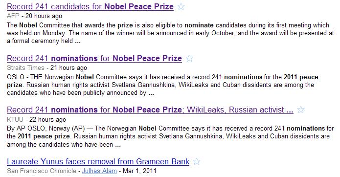 Screenshot of Google news search for Nobel Prize with date limit