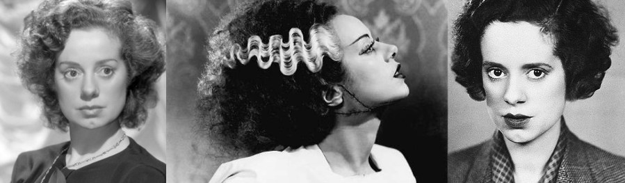 Three portraits of Elsa Lanchester. In the middle as the Bride in The Bride of Frankenstein.
