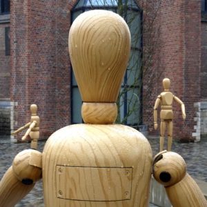 Giant artist's mannequins outside Mechelen cultural centre Minderbroedergang