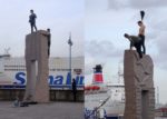 Drunks climb sculpture