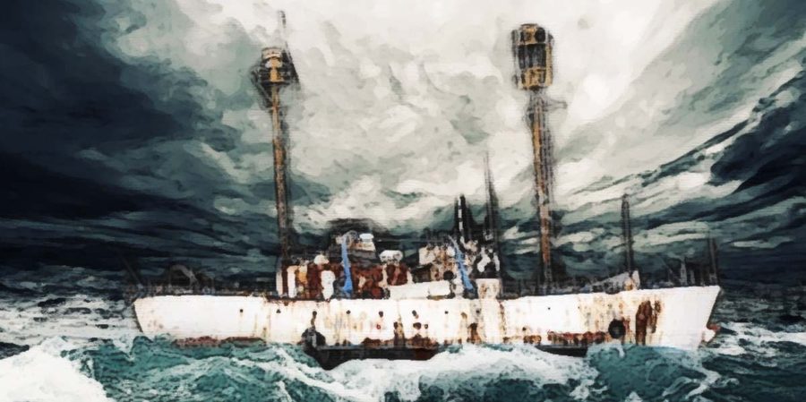 Beda: Freighter in stormy sea painting
