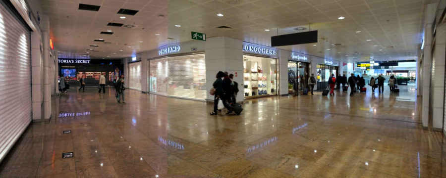 Brussels airport panorama of shut shops