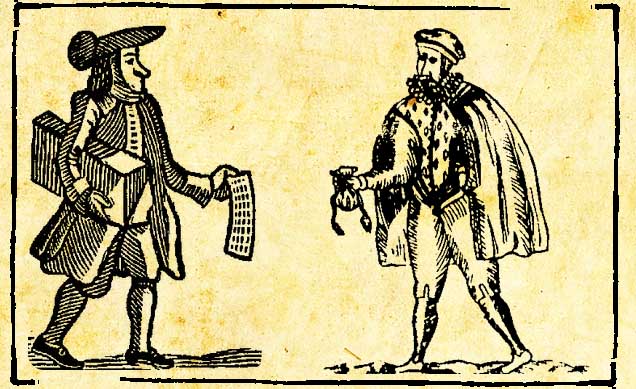 The Pickpockets' Ballad - a ballad seller and a cutpurse woodcuts