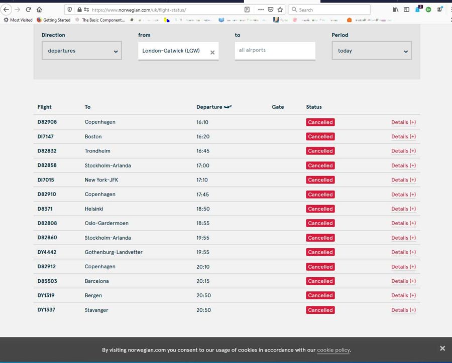 Coronavirus effect - screenshot of cancelled flights with Norwegian