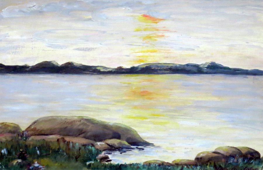 Villanelle: A painting of the sunset over the islands of Gothenburg's western archipelago made by Ulla Gustafsson