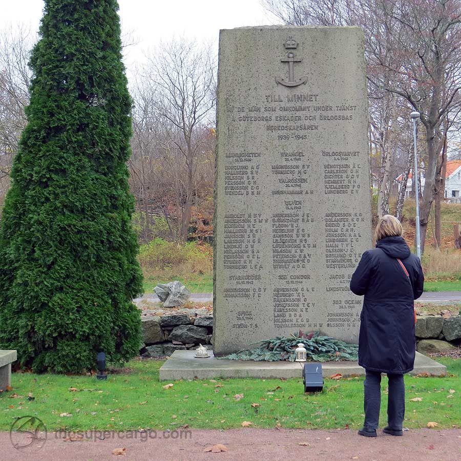 In the graveyard at Nya Varvet, this stone commemorates the lives lost when neutral Swedish ships were sunk during WW2