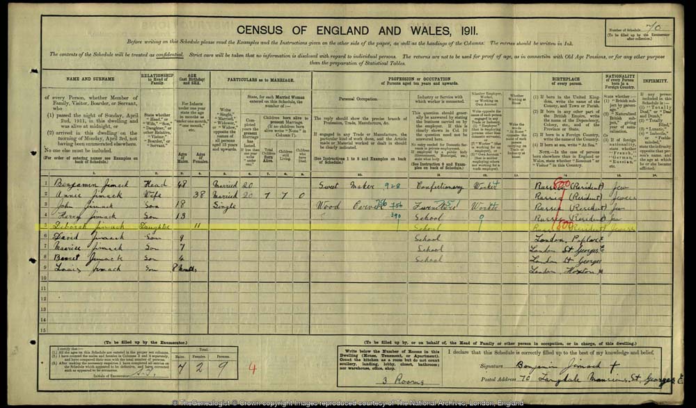 1911's census document for the Jimack family. Debbie Jimack highlighted. 