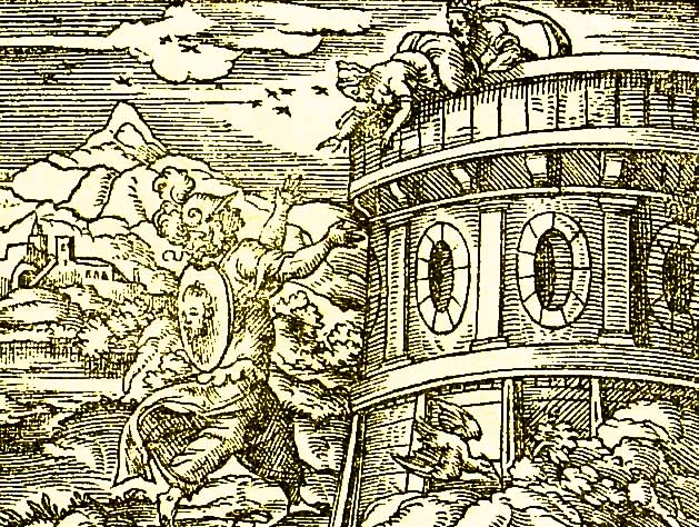 Athena sees Daedalos throw Perdix from the tower