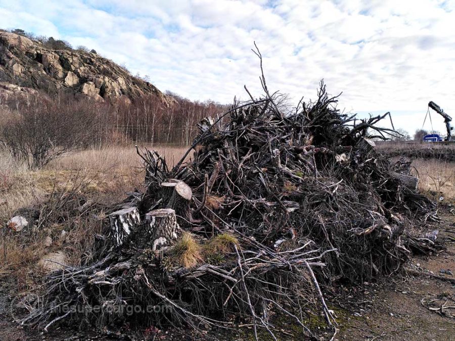 A pile of grubbed up tree stumps echo in shape the slopes of Ramberget seen behind 