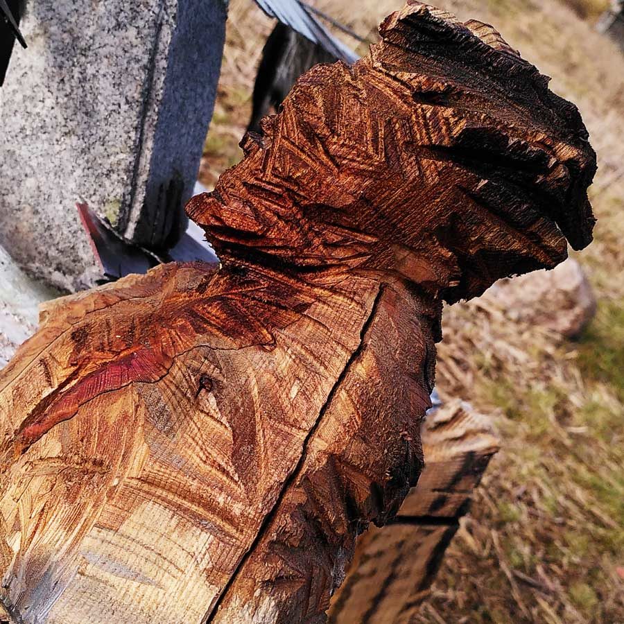 The bust of a man, chopped savagely from wood and apparently burned. Could this be Lucifer?