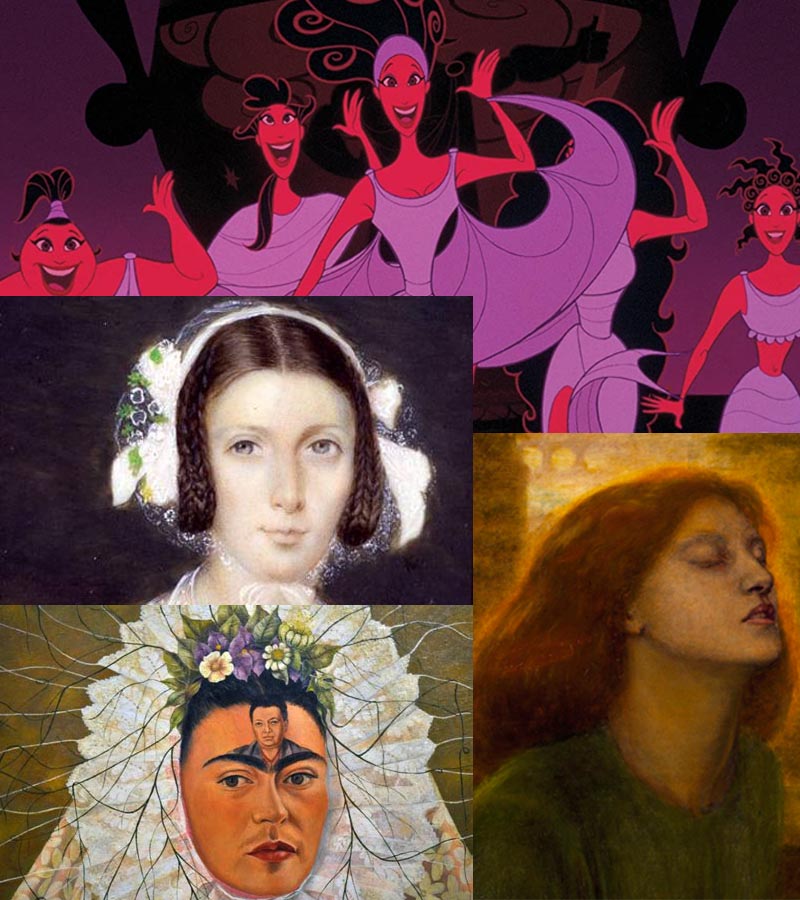 Eight or ten muses. Clockwise from the top: the five Disney muses from Hercules; Lizzie Siddal as Dante’s Beatrice painted by Dante Gabriel Rossetti; Frida Kahlo’s painting “Diego on My Mind”; Fanny Brawne, a watercolour painted some 12 years after Keats’s death.