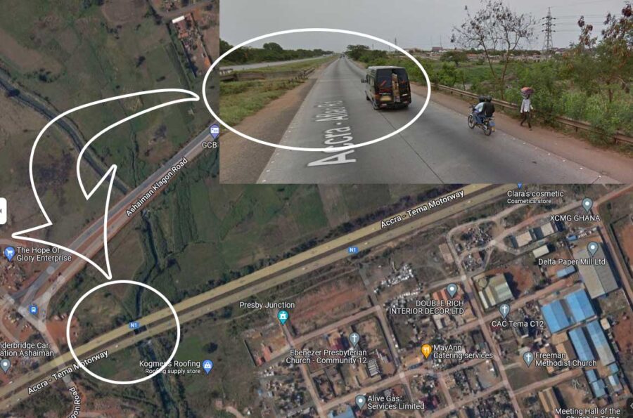 The Accra-Tema Motorway on Google Satelite and Street View at this same watercourse bridge