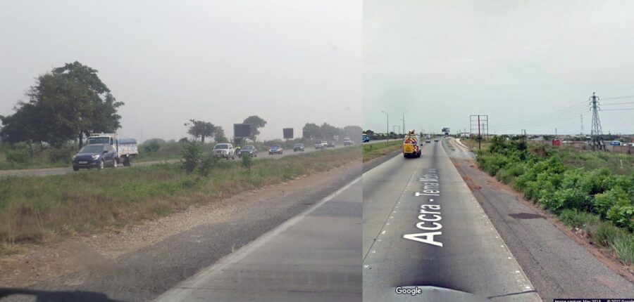 On the Accra-Tema Motorway. Collage of my own picture to the left and Google's Street View to the right.