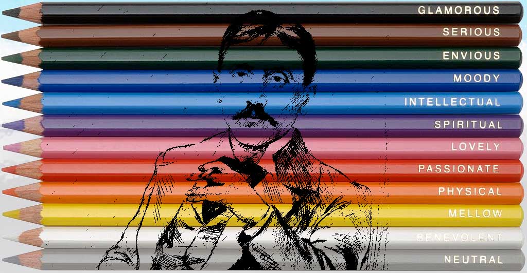 Portrait of Marcel Proust superimposed on coloured pencils labled with different personality traits