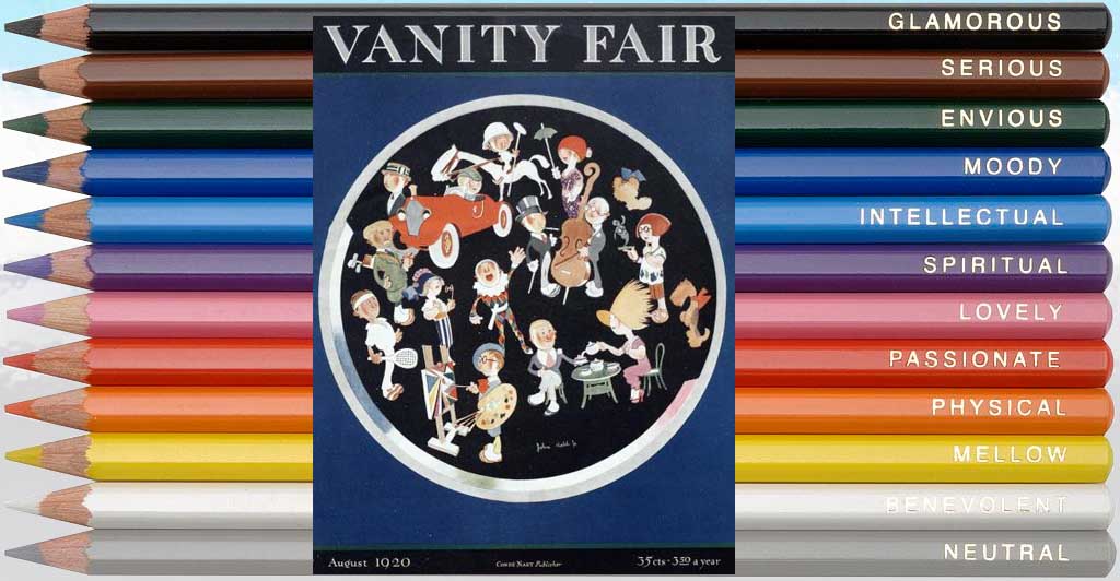 Cover image of Vanity Fair August 1920 illustrating a number of different personalities