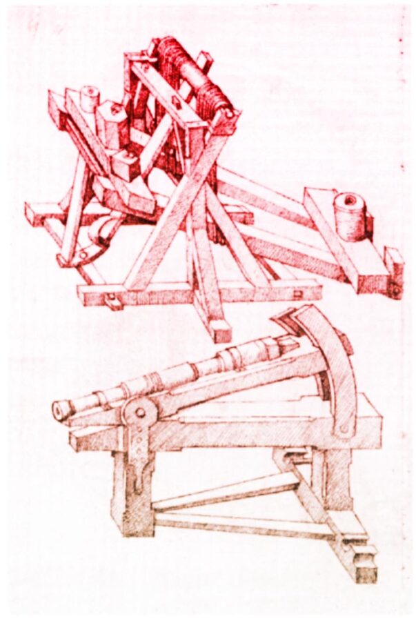 Late medieval weapons - a catapult and an early gun - from the Mittelalterliche Hausbuch von Schloss Wolfegg, Germany c. 1480