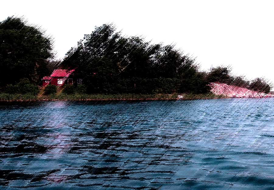 Red cottage by water illustration