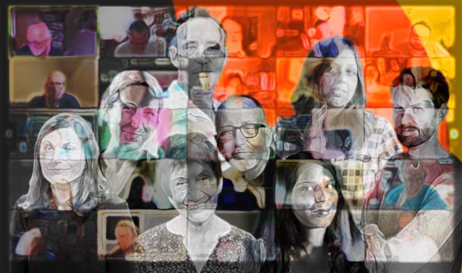 Zoom grid of Masterclass attendees with a Guardian promo illustration superimposed