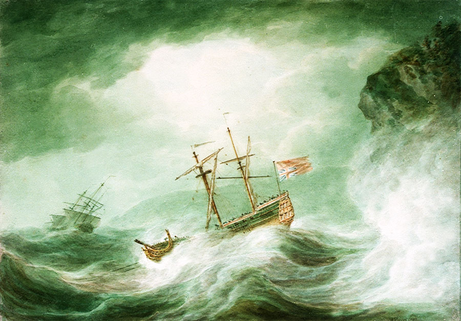 Painting of a ship in distress in a storm at sea by Nicholas Pocock (1740-1821) - Wikimedia Commons