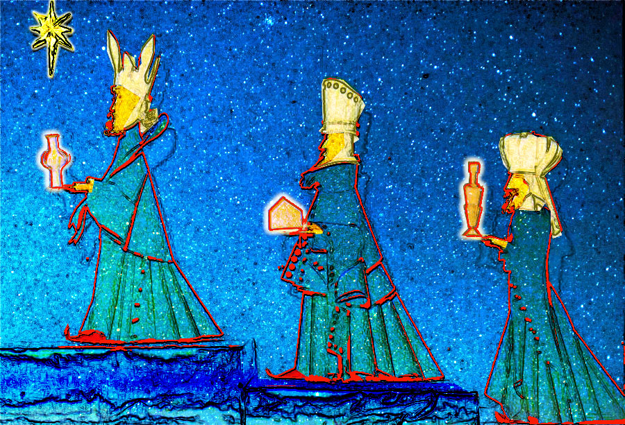 Colourised image of Three Kings bringing gifts (maybe a new blogging plan) against a starry sky.