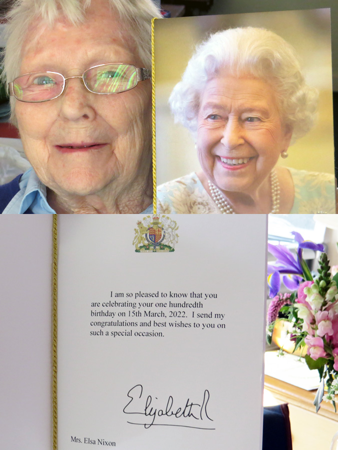 Composite photo of my mother on her 100th birthday with her congratulatiory card from Queen Elizabeth (or Queeinie as Mum calls her)