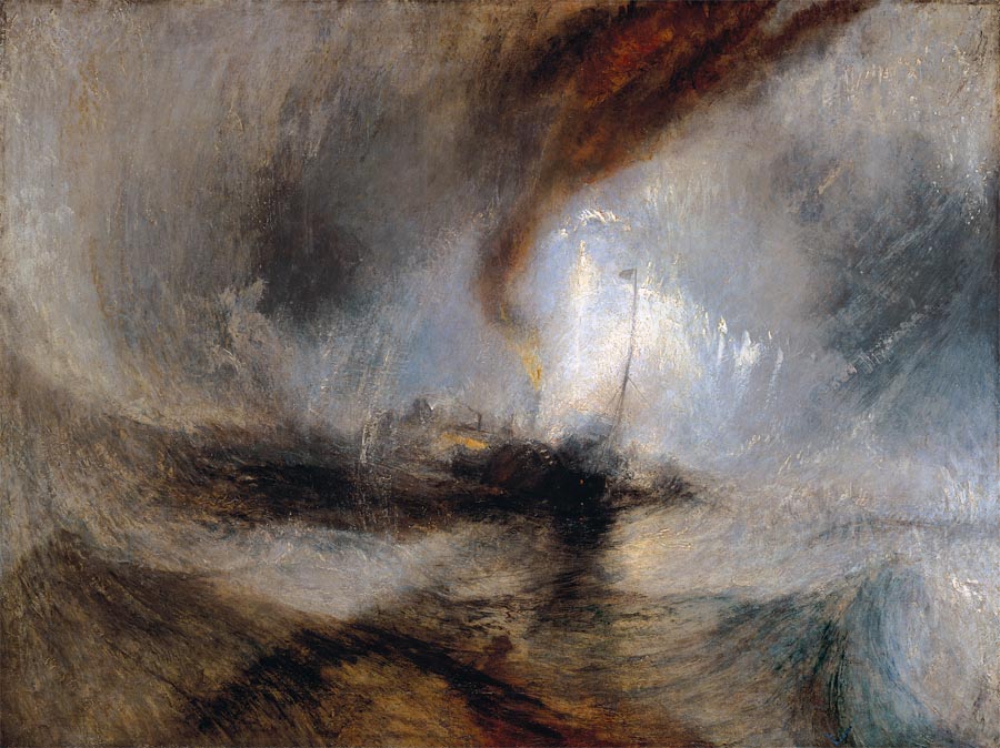 Joseph Mallord William Turner - Snow Storm – Steam-Boat off a Harbour's Mouth Making Signals in Shallow Water, and going by the Lead. The Author was in this Storm on the Night the "Ariel" left Harwich

Tate Britain Credit - Wikimedia commons