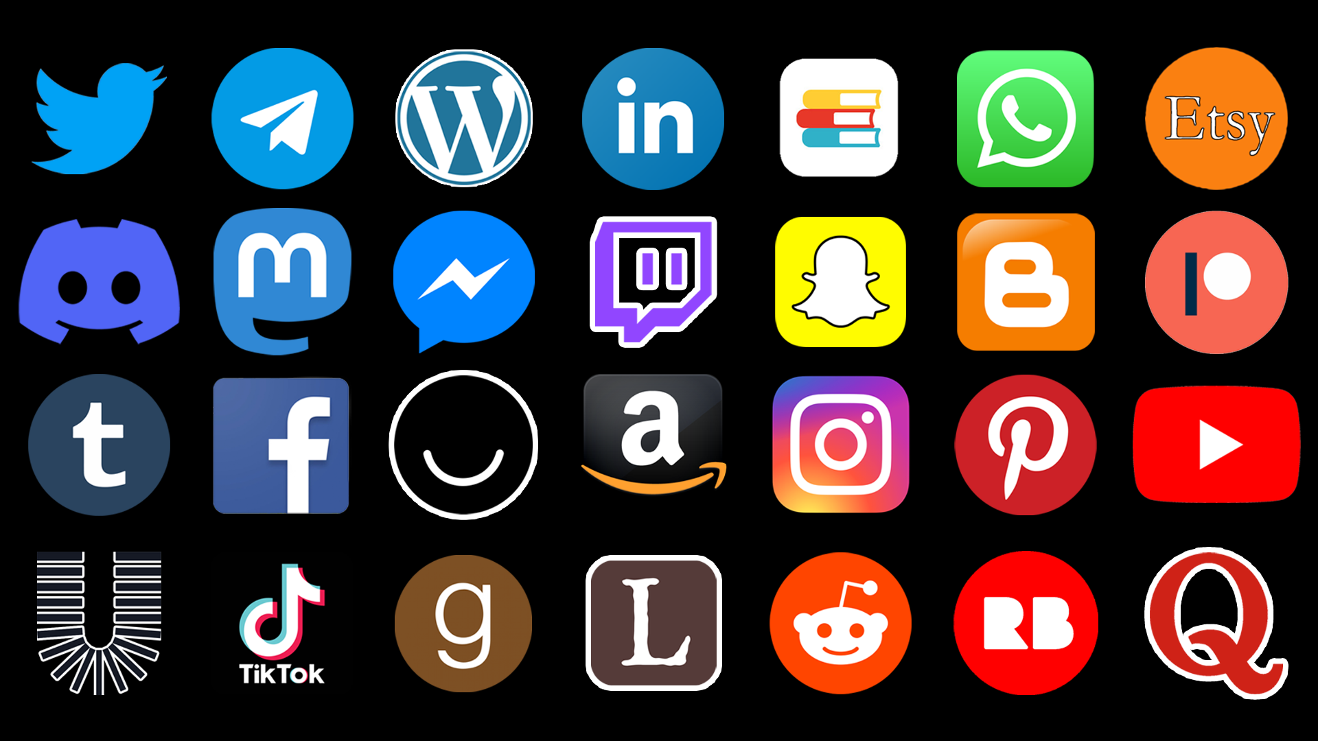 Grid of social media logos. Not quite more than you can shake a stick at, but twenty-eight at any rate. 