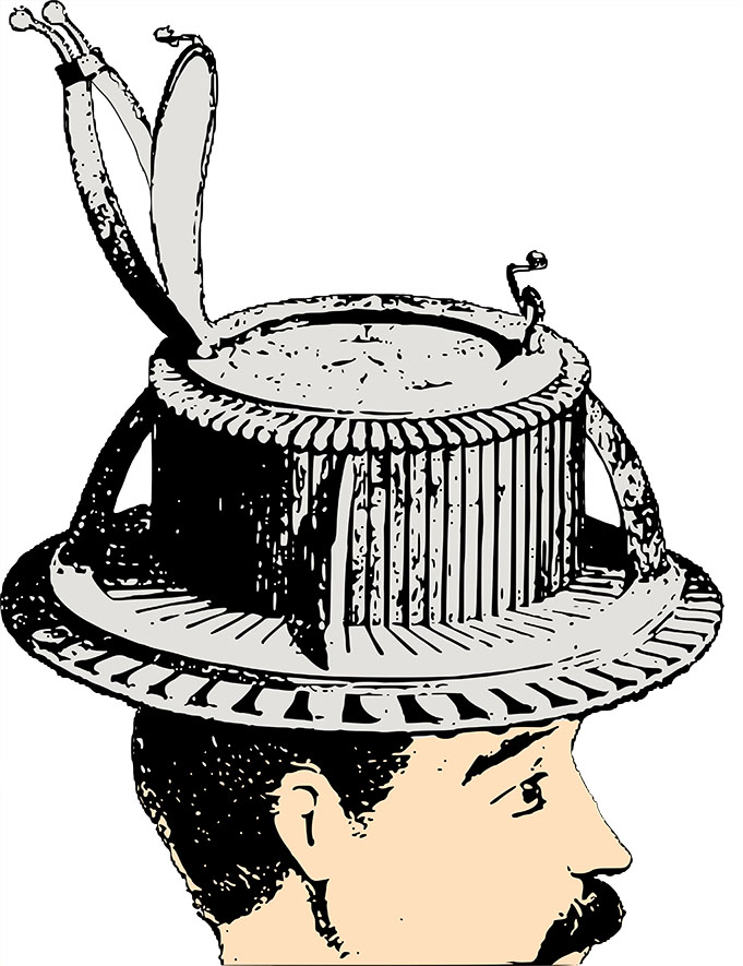A colourised image of a hatter's conformateur, probably from a 19th cnetury patent application.