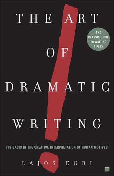 Cover image of my copy of The Art of Dramatic Writing by Lajos Egri. A black image with a large red exclamation mark from top to bottom. the title, subtitle and author's name in white.