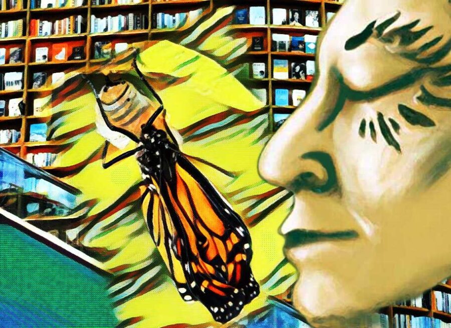 A stylised butterfly emerging from its cocoon superimposed over a wall of library books with a face in profile to the right