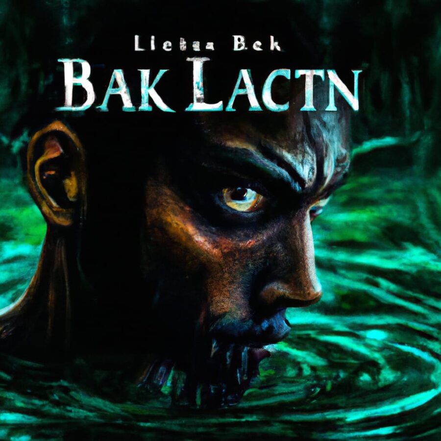 A dark face emerges from black water. Incomprehensible lettering says Bak Lactin.