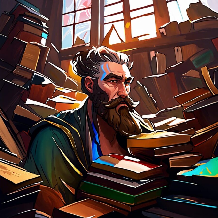 A bearded man sits in a library surrounded by books