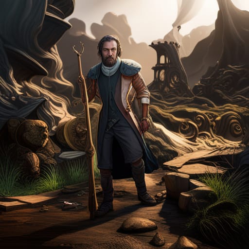 A male figure walks through a fantasy landscape, staff in hand