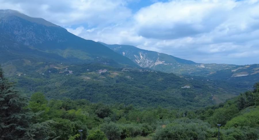 Property pleasure: A view of mountains and wooded valleys in northern Italy. A still image from one of the Raising Voyagers videos.