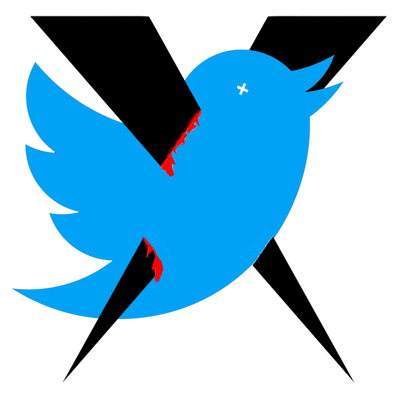 The Twitter blue bird stabbed through and killed by Elon Musk's X
