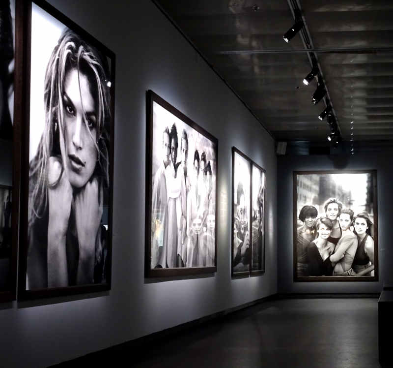 Series of monumental black-and-white photographs by Peter Lindbergh in an exhibition hall at Stockholm's Fotografiska gallery