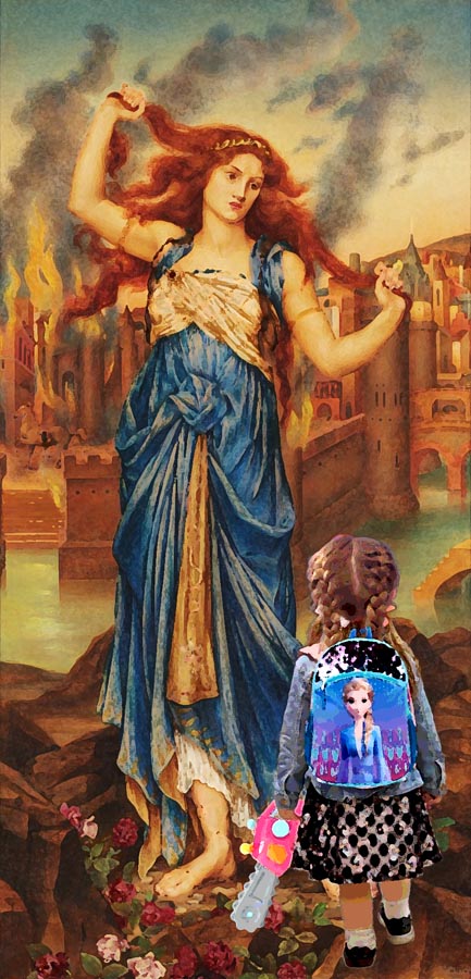 Image of Cassandra before the gates of a burning Troy, with Greta in pigtails and a chainsaw.