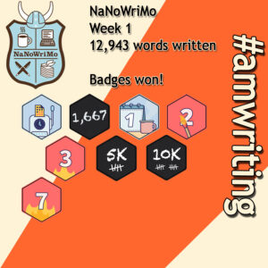 NaNoWriMo23. My #amwriting illustration posted to Instagram 7th November showing the new badges as described in the text