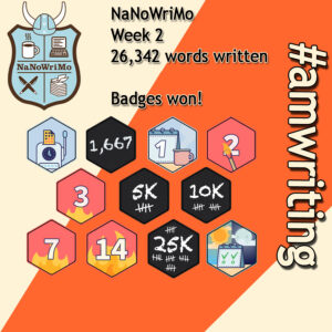 NaNoWriMo23. My #amwriting illustration made for Instagram 15th November showing the new badges as described in the text