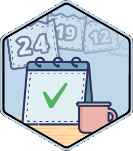 Postcember: NaNoWriMo badge of achievement for updating 30 days - a calendar showing days, a green tick and a coffee mug.