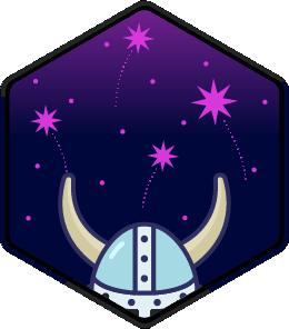 Postcember: The NaNoWriMo achievement badge for 50k in 30 days. For obscure reasons a Viking horned helmet under a sky with stars and fireworks