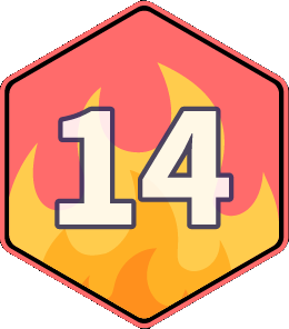 Postcember: NaNoWriMo badge of achievement for posting updates 14 days in a row. The number 14 on a fiorle dof burning flames.