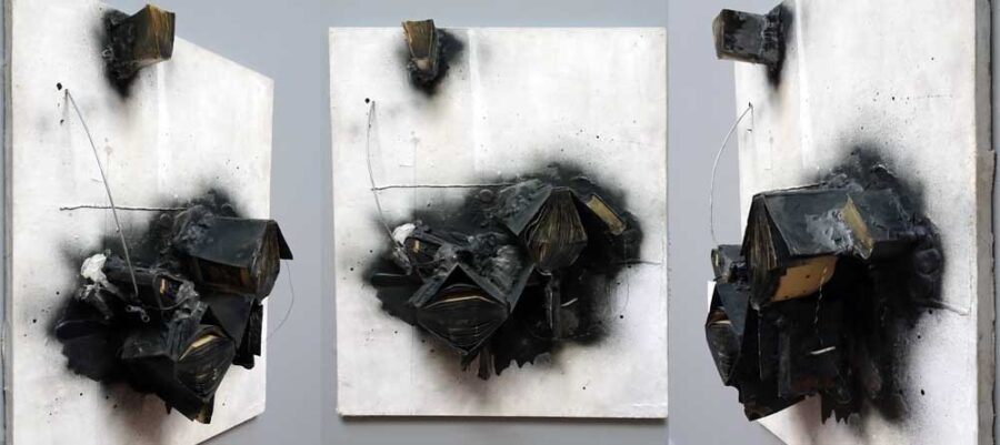 Collage of three images of Belief System - 1959 - John Latham - Tate Britain
