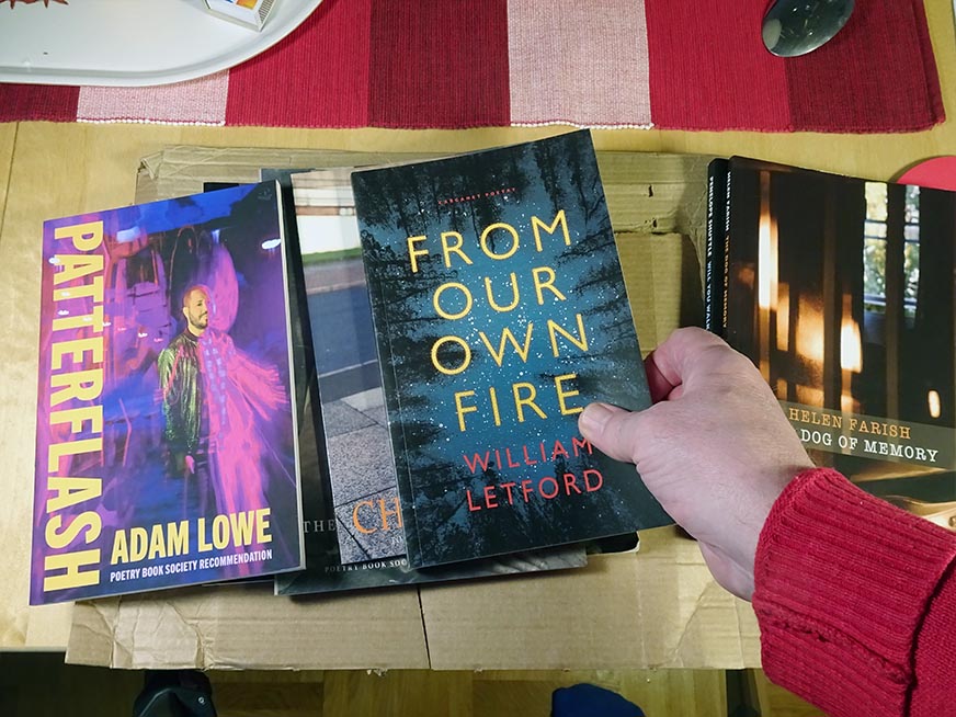 Covers of two poetry books: Patterflash by Adam Lowe and From Our own Fire by William Letford