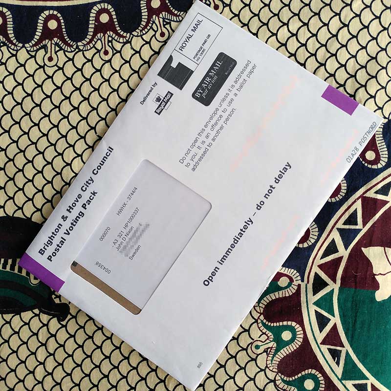 The envelope addressed to me and  containing my ballot papers from Brighton and Hove City Council, received 3 July 2024.