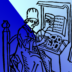 Another new plan: Woodcut of person at medieval writing desk, apparently working on a crossword.