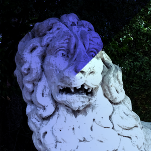 Another new plan: Sculptured lion with a startled expression and luxuriant mane